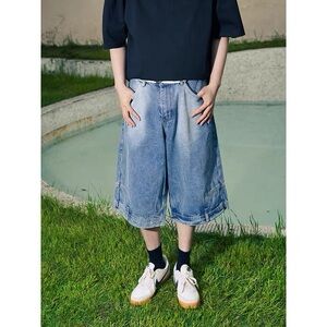 Men’s Wide Leg Baggy Denim Shorts Y2K Streetwear Vintage Washed Jean‎ Bermuda 31